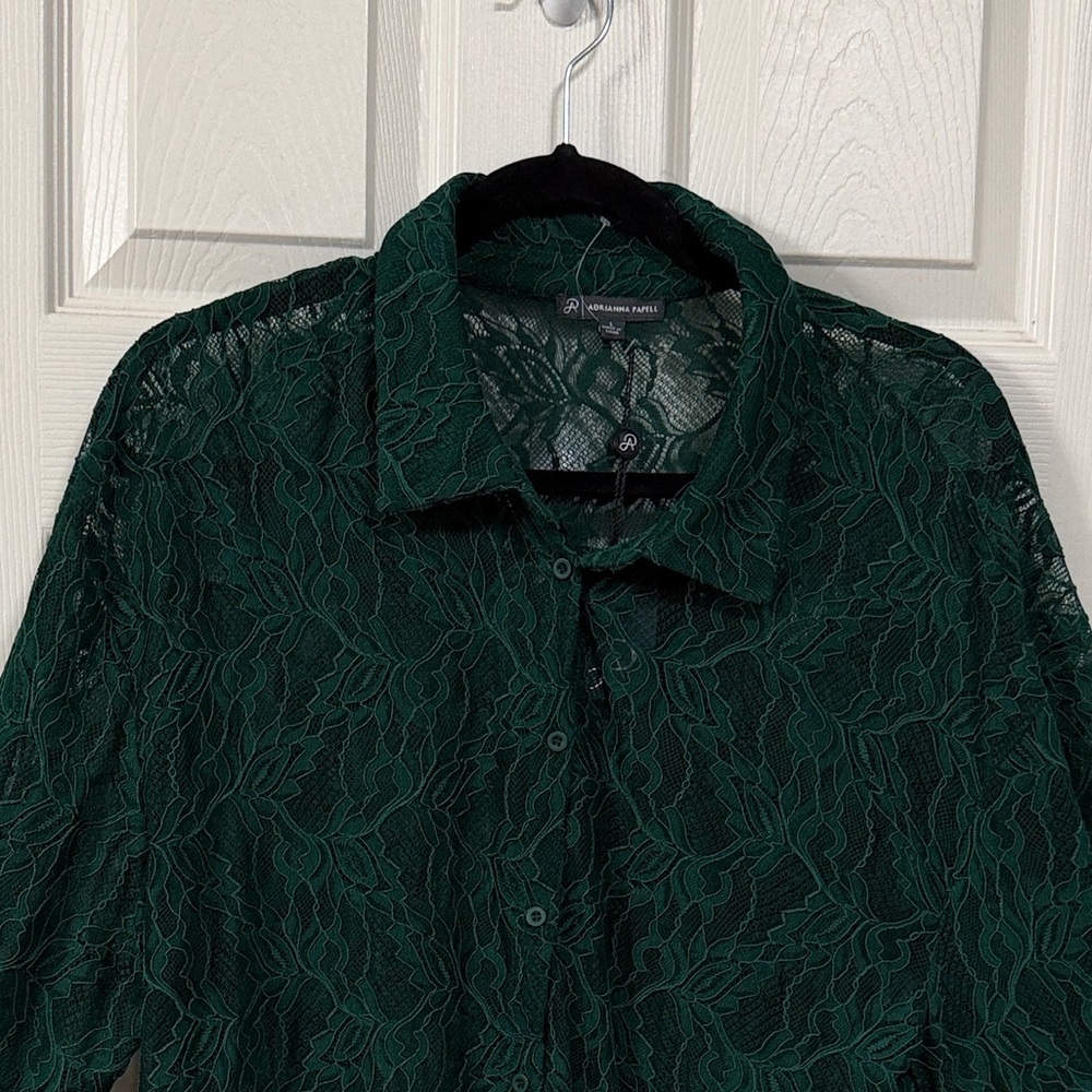 Adrianna Papell Dark Green Lace Blouse Luxury - Picture 8 of 16